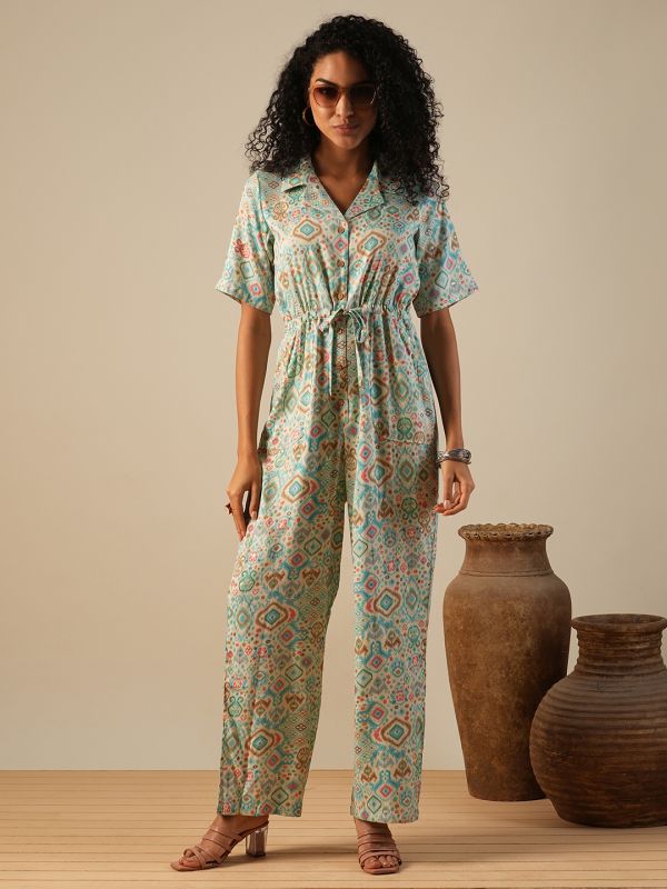 Globus Women Blue Cuban Collar Geometric Print Waist Tie-Ups Fusion Jumpsuit
