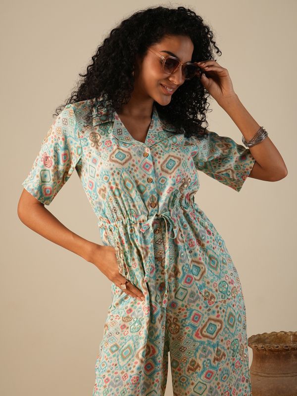 Globus Women Blue Cuban Collar Geometric Print Waist Tie-Ups Fusion Jumpsuit