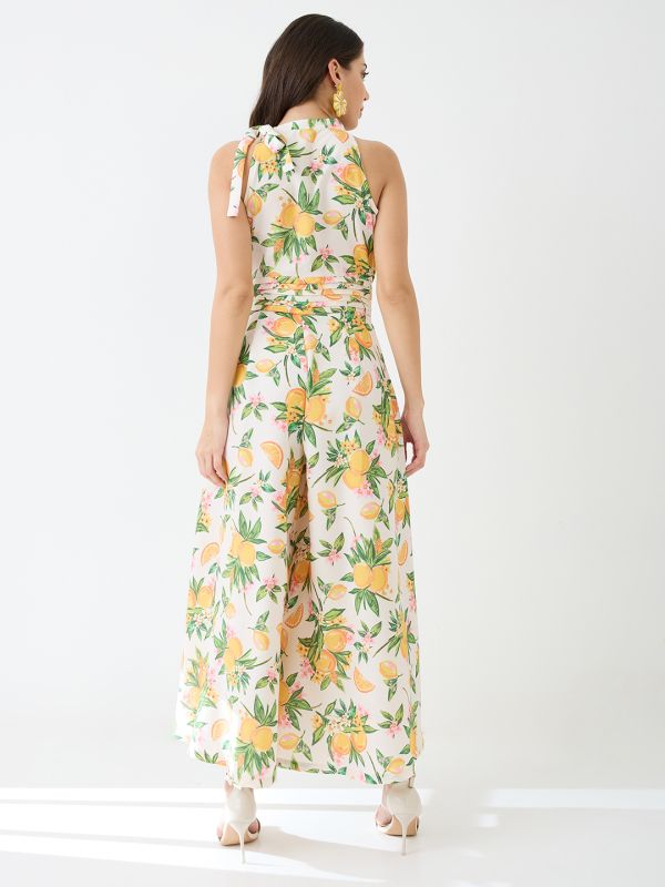 Globus Women Yellow Floral & Fruit Print Halter Neck Pleated Detail Flared Fusion Jumpsuit