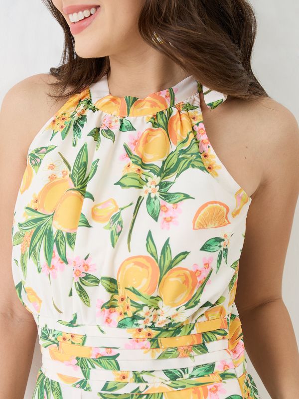 Globus Women Yellow Floral & Fruit Print Halter Neck Pleated Detail Flared Fusion Jumpsuit