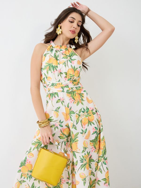 Globus Women Yellow Floral & Fruit Print Halter Neck Pleated Detail Flared Fusion Jumpsuit