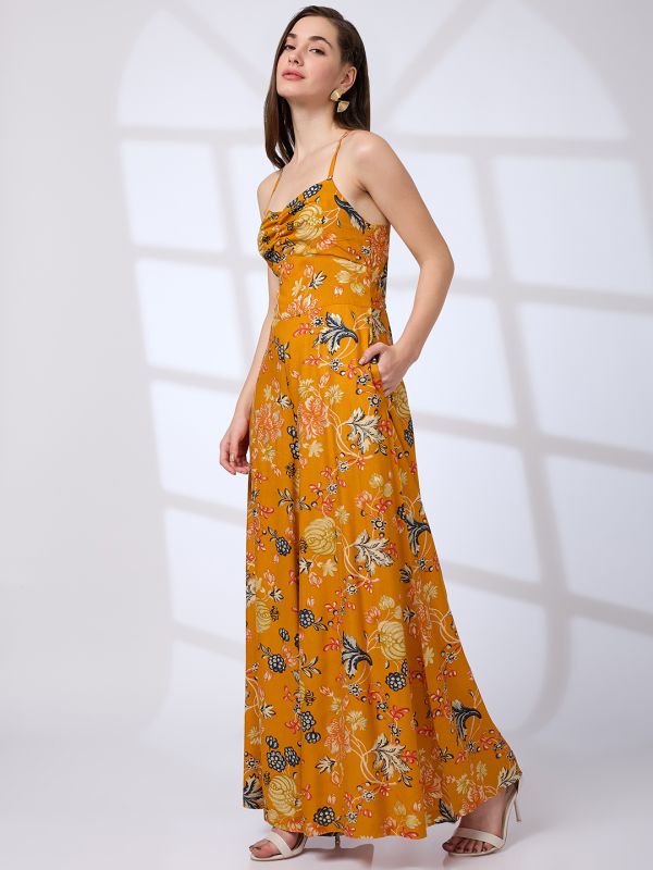 Globus Women Yellow Sweetheart Neck Strappy Shoulder Floral Print Flared Hem Fusion Jumpsuit