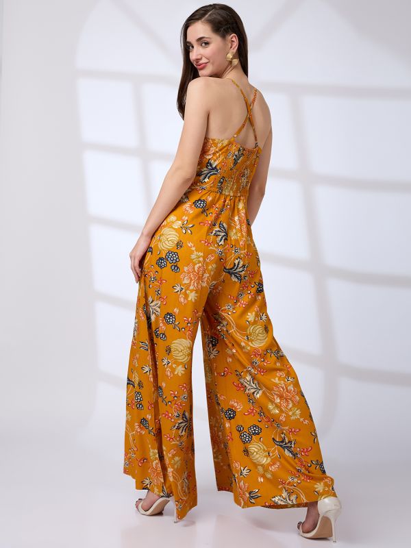 Globus Women Yellow Sweetheart Neck Strappy Shoulder Floral Print Flared Hem Fusion Jumpsuit