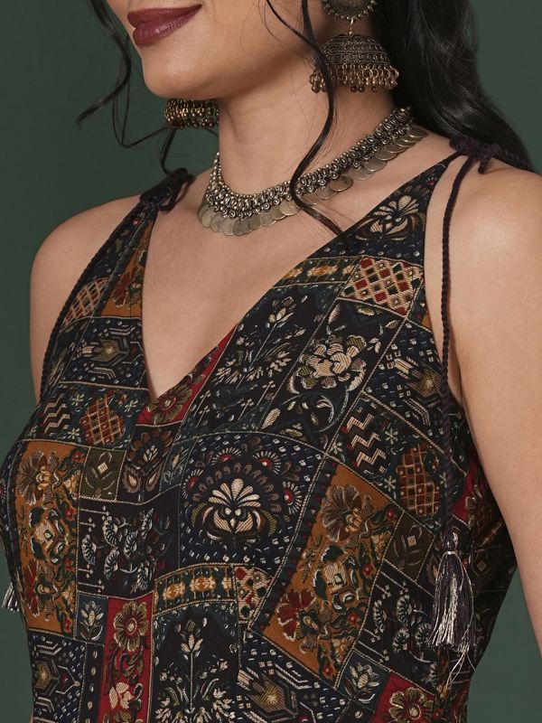 Globus Women Blue V-Neck Tassel Tie-Up Shoulder Straps Ethnic Floral Print Flared Fusion Jumpsuit