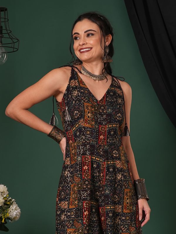 Globus Women Blue V-Neck Tassel Tie-Up Shoulder Straps Ethnic Floral Print Flared Fusion Jumpsuit