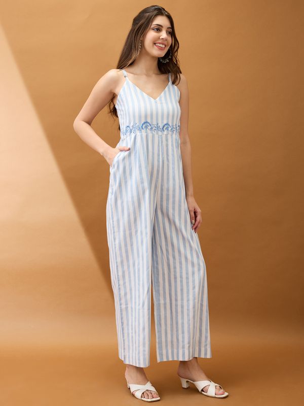 Globus Women Blue Striped V-Neck Shoulder Strap Embroidered Detail Wide Leg Fusion Jumpsuit