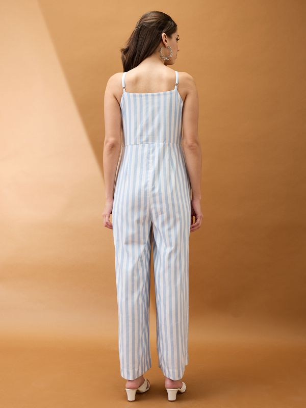 Globus Women Blue Striped V-Neck Shoulder Strap Embroidered Detail Wide Leg Fusion Jumpsuit