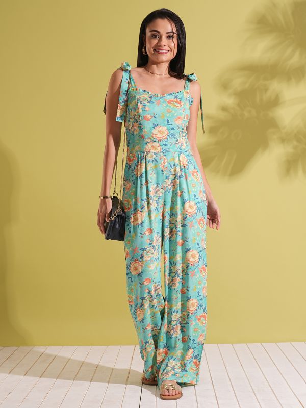 Globus Women Blue Frill Detail Sweetheart Neck Tie-Up Strappy Shoulder Floral Print Fusion Jumpsuit