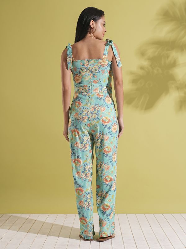 Globus Women Blue Frill Detail Sweetheart Neck Tie-Up Strappy Shoulder Floral Print Fusion Jumpsuit