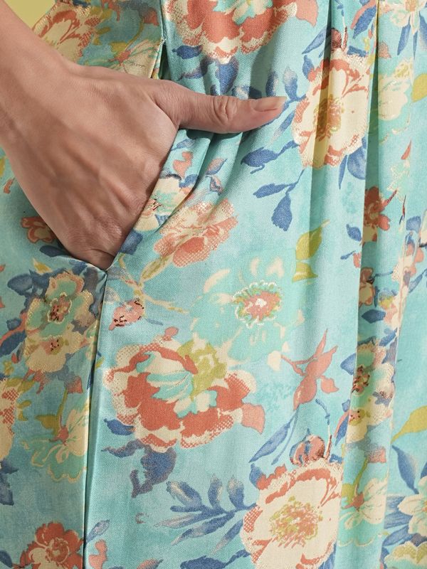 Globus Women Blue Frill Detail Sweetheart Neck Tie-Up Strappy Shoulder Floral Print Fusion Jumpsuit