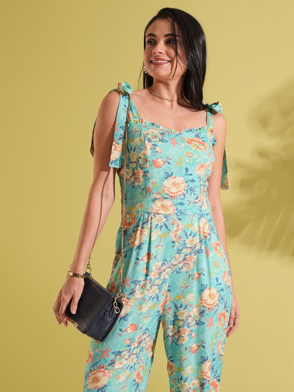 Globus Women Blue Frill Detail Sweetheart Neck Tie-Up Strappy Shoulder Floral Print Fusion Jumpsuit