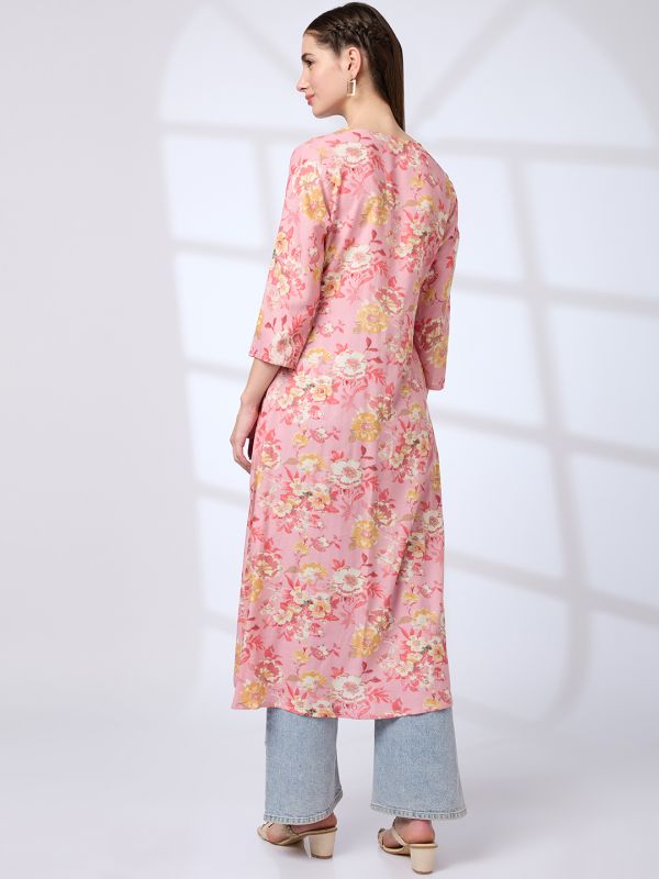 Globus Women Pink V-Neck Floral Print Pleated Front Slit A-Line Workwear Kurta