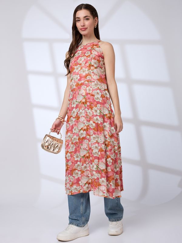 Globus Women Pink Halter Neck Floral Print A-Line Fusion Kurta