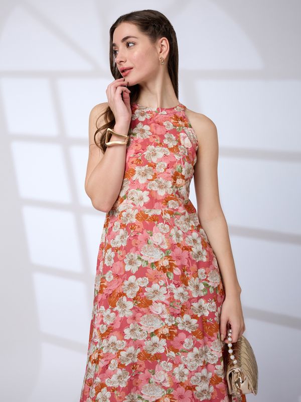 Globus Women Pink Halter Neck Floral Print A-Line Fusion Kurta