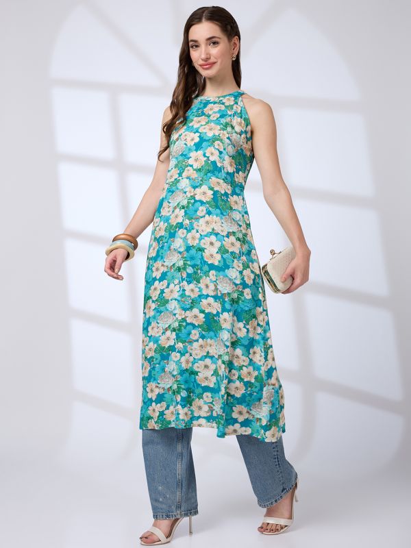 Globus Women Green Halter Neck Floral Print A-Line Fusion Kurta