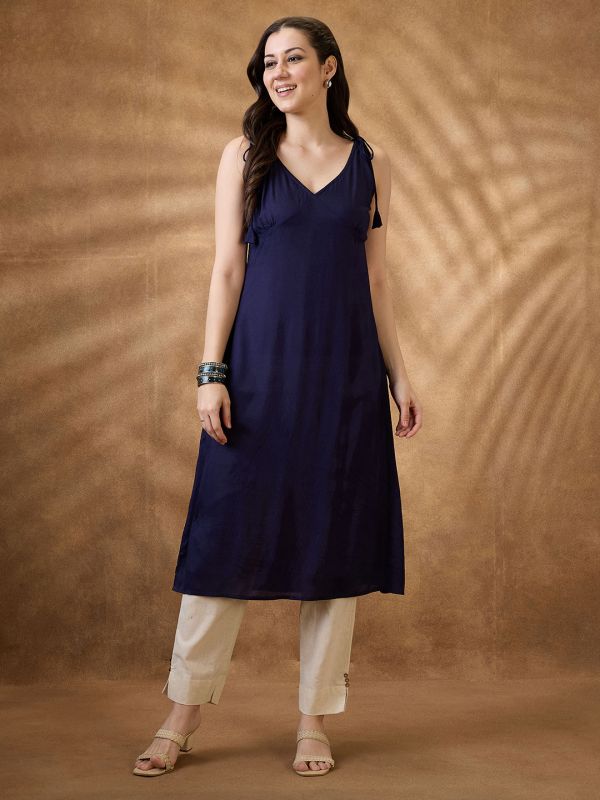 Globus Women Blue Woven Design Tie-Up Neck A-Line Fusion Kurta