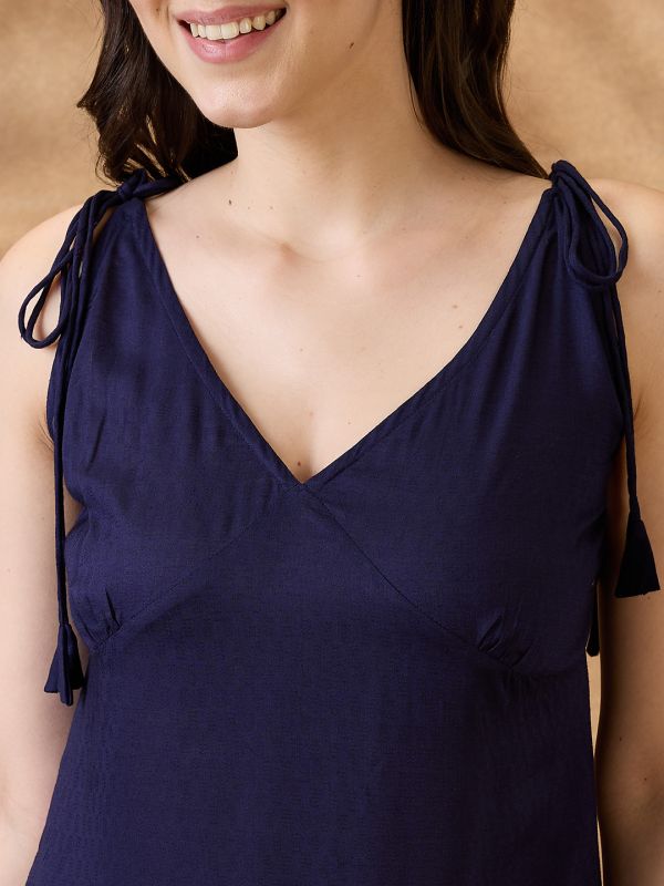 Globus Women Blue Woven Design Tie-Up Neck A-Line Fusion Kurta