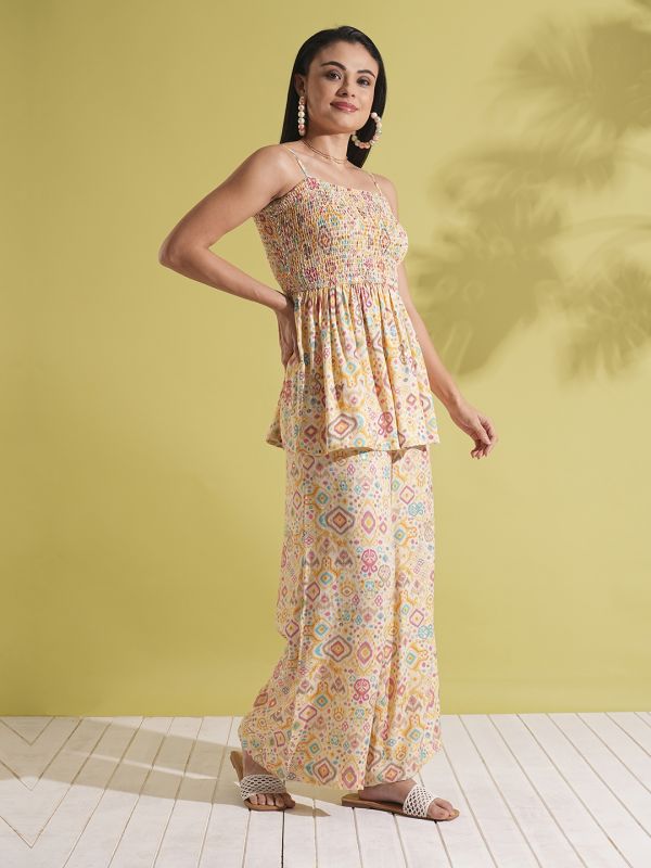 Globus Women Yellow Indie Print Strappy Shoulder Smocked Peplum Top & Palazzos Fusion Co-Ord Set