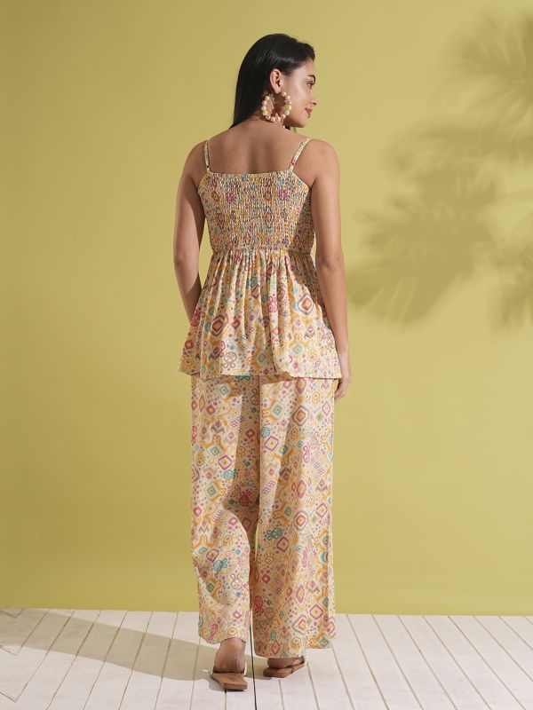 Globus Women Yellow Indie Print Strappy Shoulder Smocked Peplum Top & Palazzos Fusion Co-Ord Set
