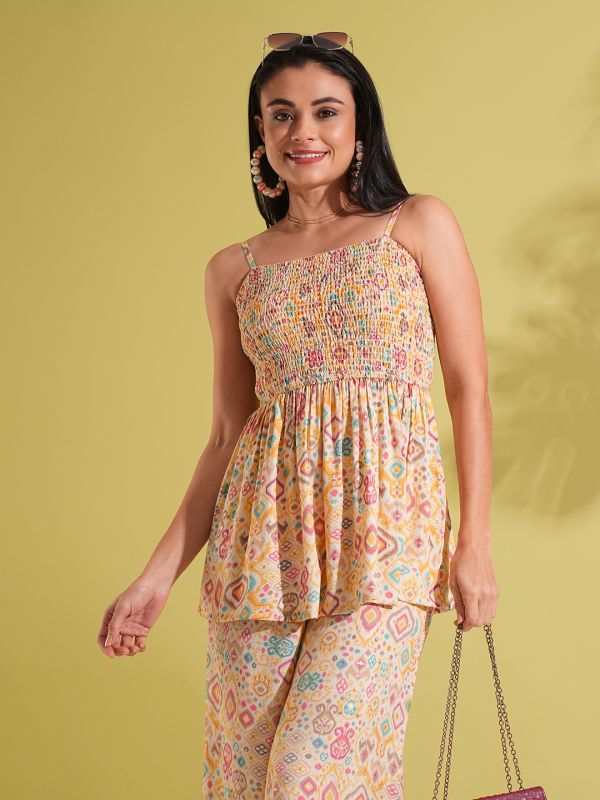 Globus Women Yellow Indie Print Strappy Shoulder Smocked Peplum Top & Palazzos Fusion Co-Ord Set