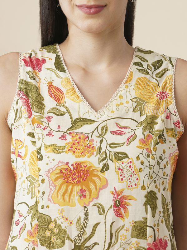 Globus Women Off White Floral Printed Lace Detail V-Neck Panelled A-Line Workwear Kurta & Trouser Set