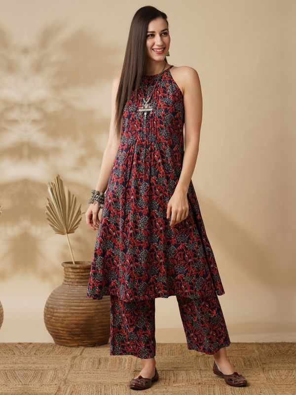 Globus Women Blue Floral Printed Halter Neck Flared Hem Pleated A-Line Kurta & Trousers Workwear Set