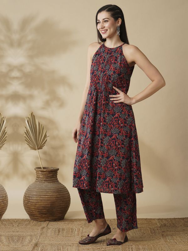 Globus Women Blue Floral Printed Halter Neck Flared Hem Pleated A-Line Kurta & Trousers Workwear Set