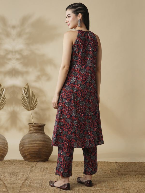 Globus Women Blue Floral Printed Halter Neck Flared Hem Pleated A-Line Kurta & Trousers Workwear Set