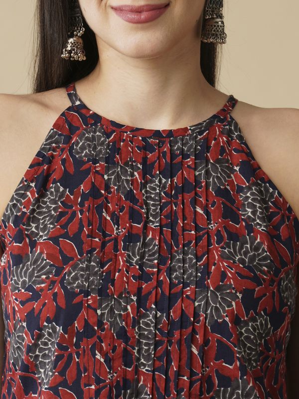 Globus Women Blue Floral Printed Halter Neck Flared Hem Pleated A-Line Kurta & Trousers Workwear Set