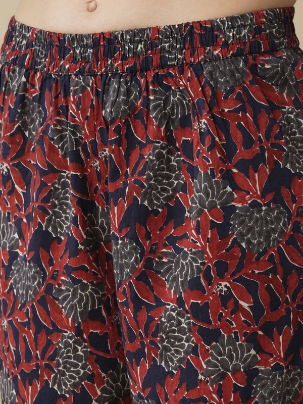 Globus Women Blue Floral Printed Halter Neck Flared Hem Pleated A-Line Kurta & Trousers Workwear Set
