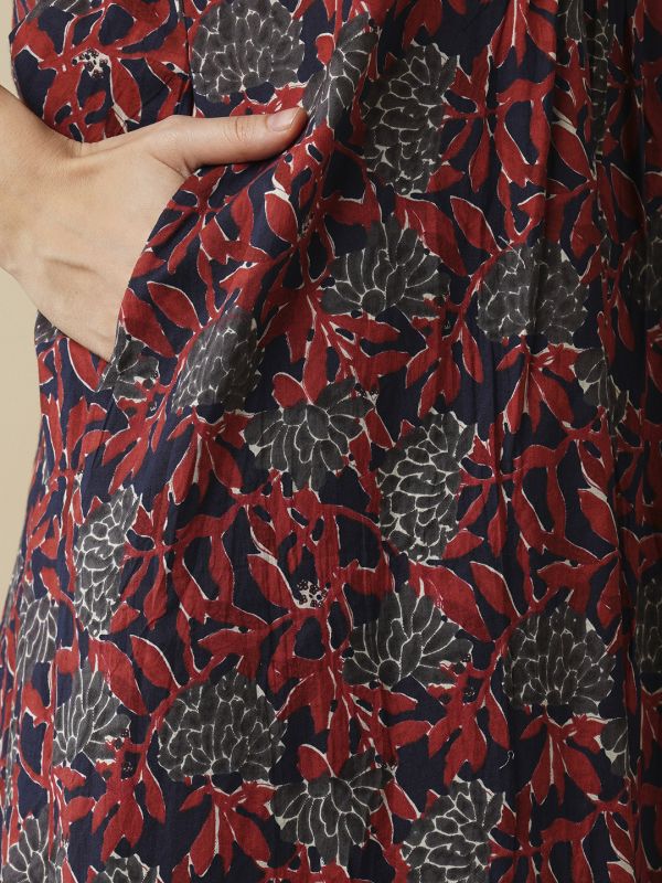 Globus Women Blue Floral Printed Halter Neck Flared Hem Pleated A-Line Kurta & Trousers Workwear Set