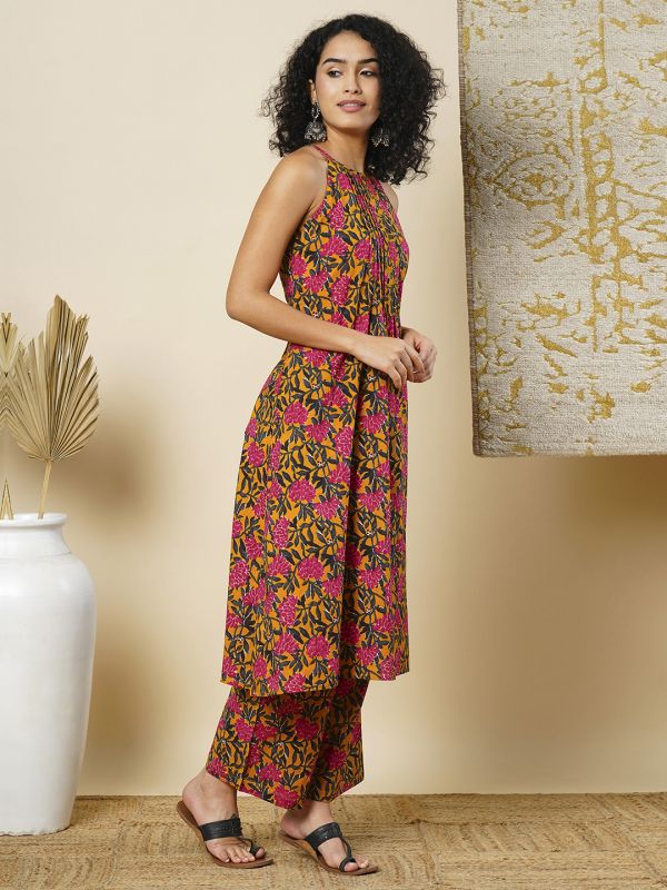 Globus Women Yellow Allover Floral Printed Halter Neck Flared Hem Pleated A-Line Workwear Kurta & Pants Sets