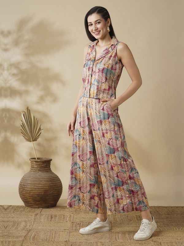 Globus Women Multi Color Floral Printed Notch Lapel Shirt & Palazzos Co-Ord Set
