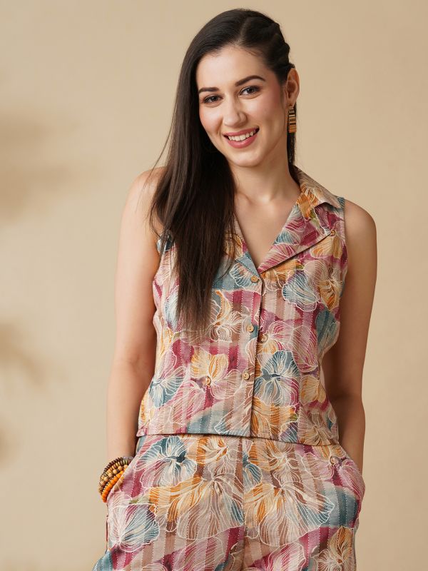 Globus Women Multi Color Floral Printed Notch Lapel Shirt & Palazzos Co-Ord Set