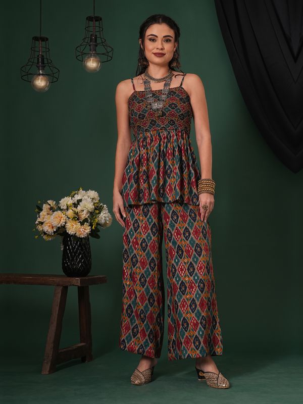 Globus Women Multi-Color Indie Print Strappy Shoulder Smocked Peplum Top & Palazzos Fusion Co-Ord Set