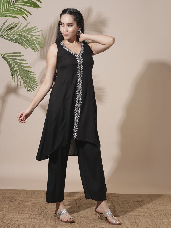 Globus Women Black V-Neck Embroidered & Mirror Work Detail High-Low Hem Front Slits A-Line Kurta With Pant Fusion Wear Set