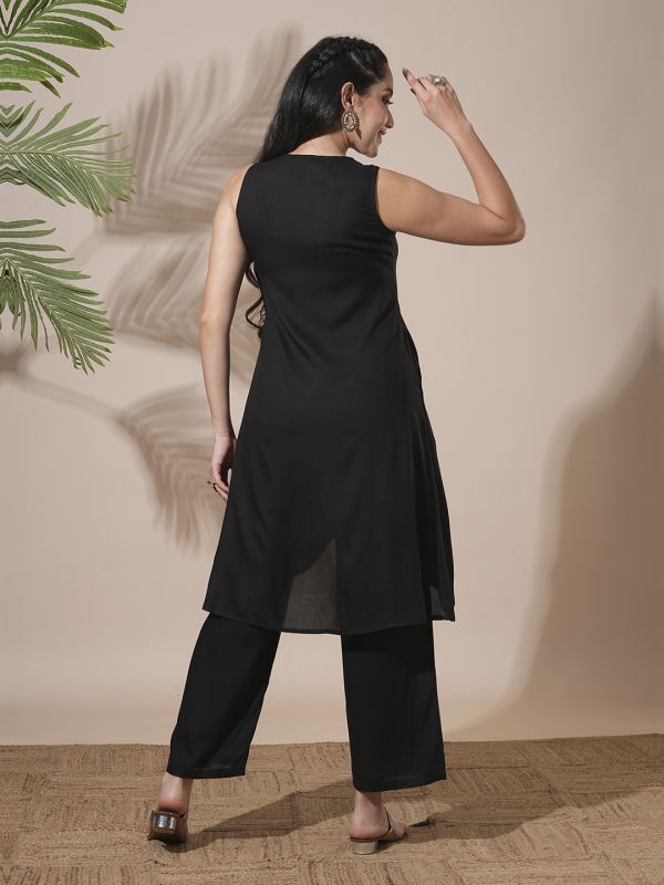 Globus Women Black V-Neck Embroidered & Mirror Work Detail High-Low Hem Front Slits A-Line Kurta With Pant Fusion Wear Set