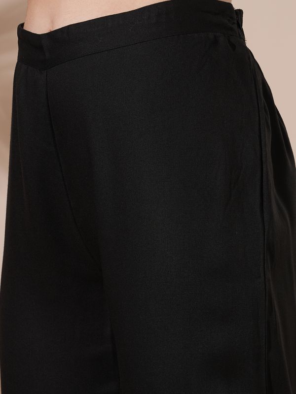 Globus Women Black V-Neck Embroidered & Mirror Work Detail High-Low Hem Front Slits A-Line Kurta With Pant Fusion Wear Set
