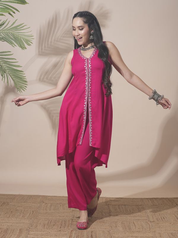 Globus Women Pink V-Neck Embroidered & Mirror Work Detail High-Low Hem Front Slits A-Line Kurta With Pant Fusion Wear Set