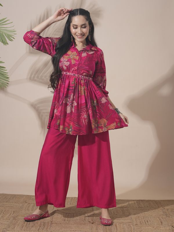 Globus Women Pink Shirt Collar Tropical Print Peplum Style Tunic With Palazzos & Embroidered Belt Fusion Co-Ord Set