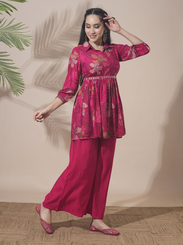 Globus Women Pink Shirt Collar Tropical Print Peplum Style Tunic With Palazzos & Embroidered Belt Fusion Co-Ord Set