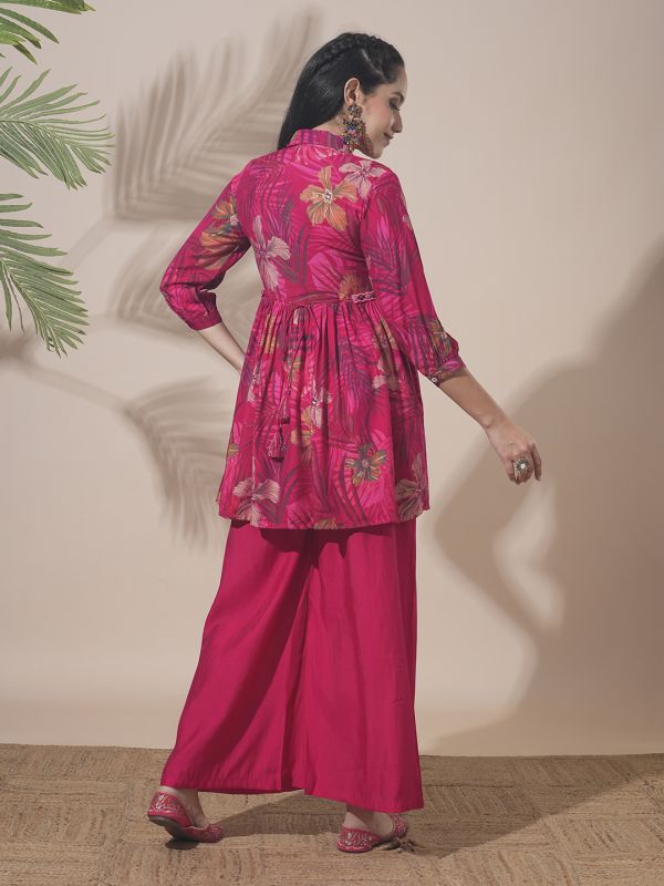 Globus Women Pink Shirt Collar Tropical Print Peplum Style Tunic With Palazzos & Embroidered Belt Fusion Co-Ord Set