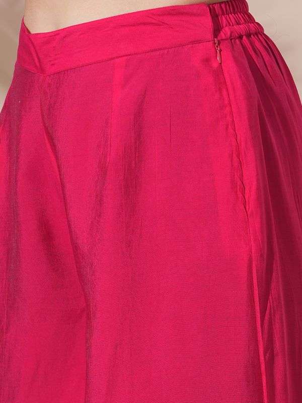 Globus Women Pink Shirt Collar Tropical Print Peplum Style Tunic With Palazzos & Embroidered Belt Fusion Co-Ord Set