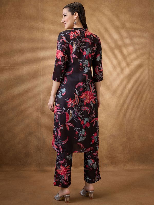 Globus Women Black Mandarin Collar Floral Print Button Down Front Slit Straight Kurta With Pants Fusion Set