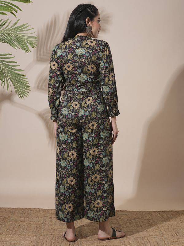 Globus Women Black Frilled V-Neck Floral Print Shirt Style Crop Top With Partially Elasticated Palazzos Fusion Co-Ord Set
