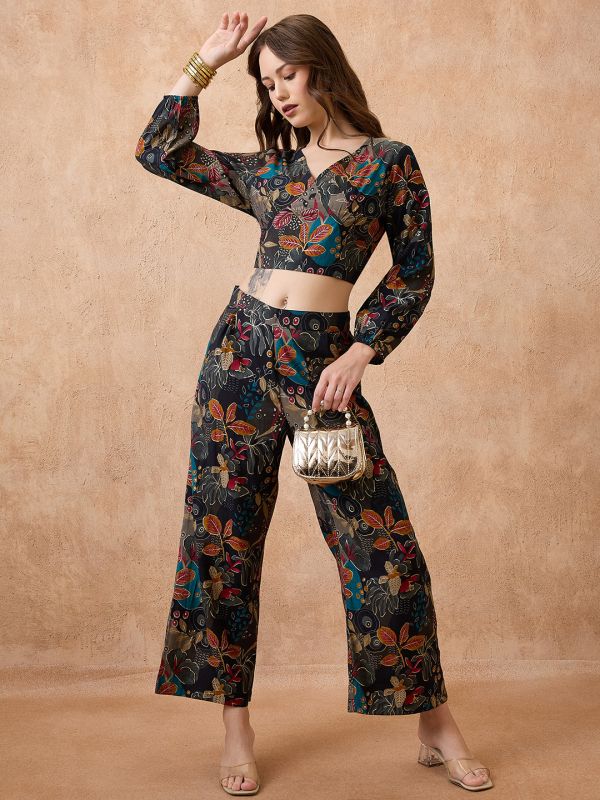 Globus Women Black V-Neck Floral Print Crop Top with Wide Leg Pants Fusion Co-Ord Set