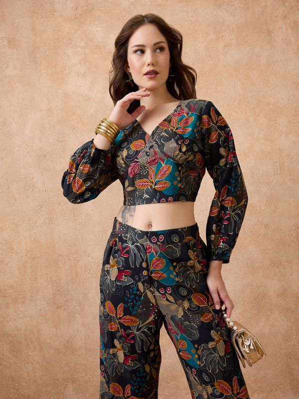 Globus Women Black V-Neck Floral Print Crop Top with Wide Leg Pants Fusion Co-Ord Set