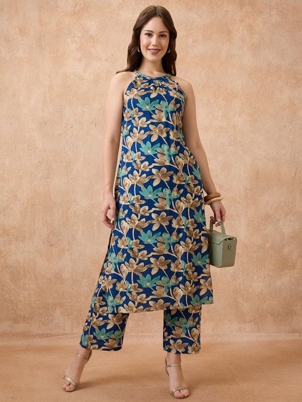 Globus Women Blue Allover Floral Printed Halter Neck Straight Kurta With Pant Fusion Set