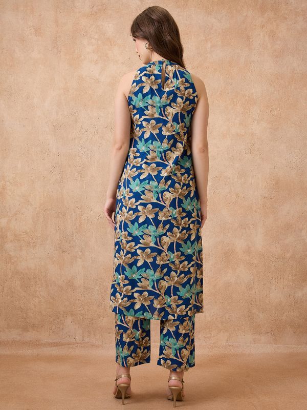 Globus Women Blue Allover Floral Printed Halter Neck Straight Kurta With Pant Fusion Set