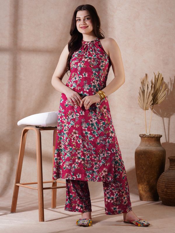 Globus Women Red Halter Neck Allover Floral Print Straight Kurta With Pants Fusion Set